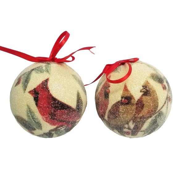 Decorative Christmas Balls Frosted Birds Cardinals Bulbs Pair Set Red Ornaments - Picture 6 of 10